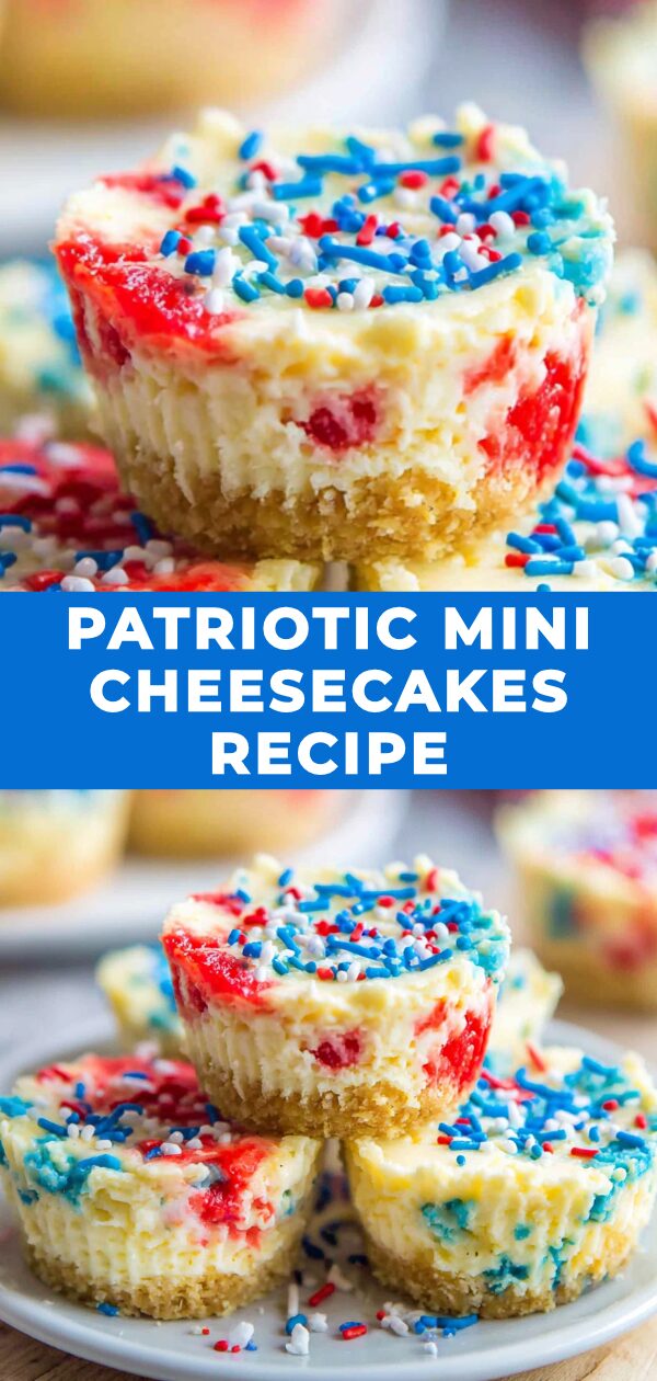 Red, white, and blue mini cheesecakes celebrate the Fourth of July with festive flair.