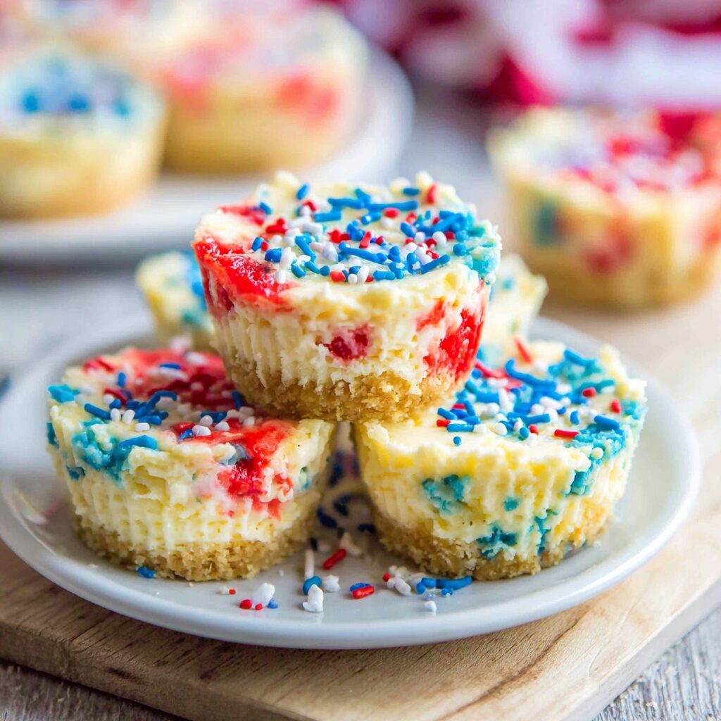 Red, white, and blue mini cheesecakes celebrate a classic dessert with a festive twist.