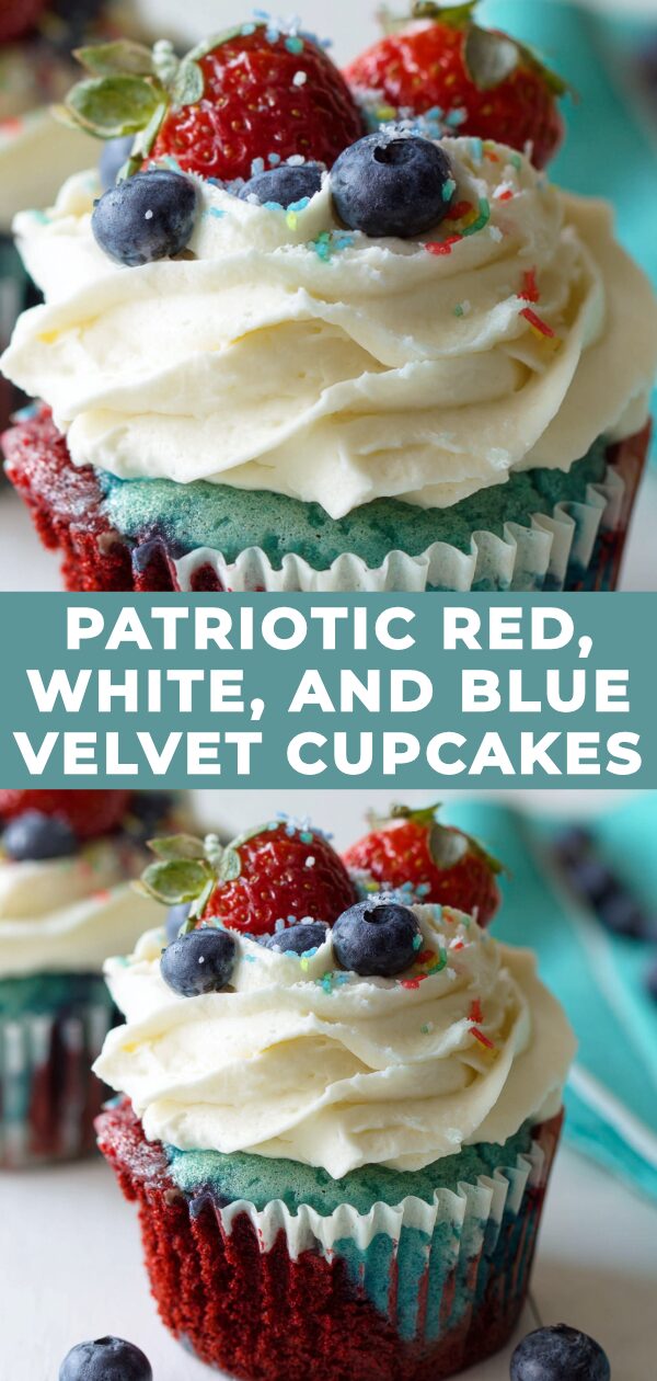 Tiny velvet cupcakes burst with patriotic pride, crowned with swirling frosting and colorful sprinkles.