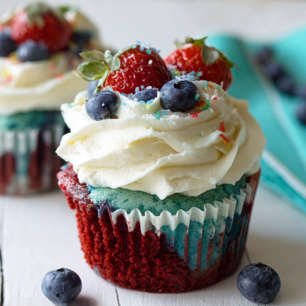 Fluffy, patriotic cupcakes in red, white, and blue velvet are a sweet celebration of American pride.