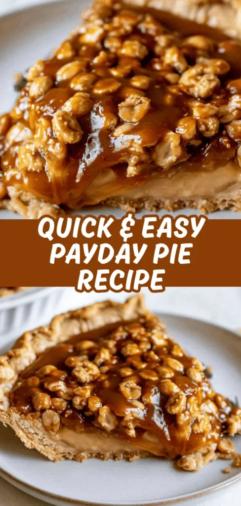 Close-up of a slice of peanut butter pie with caramel and chopped peanuts on top.
