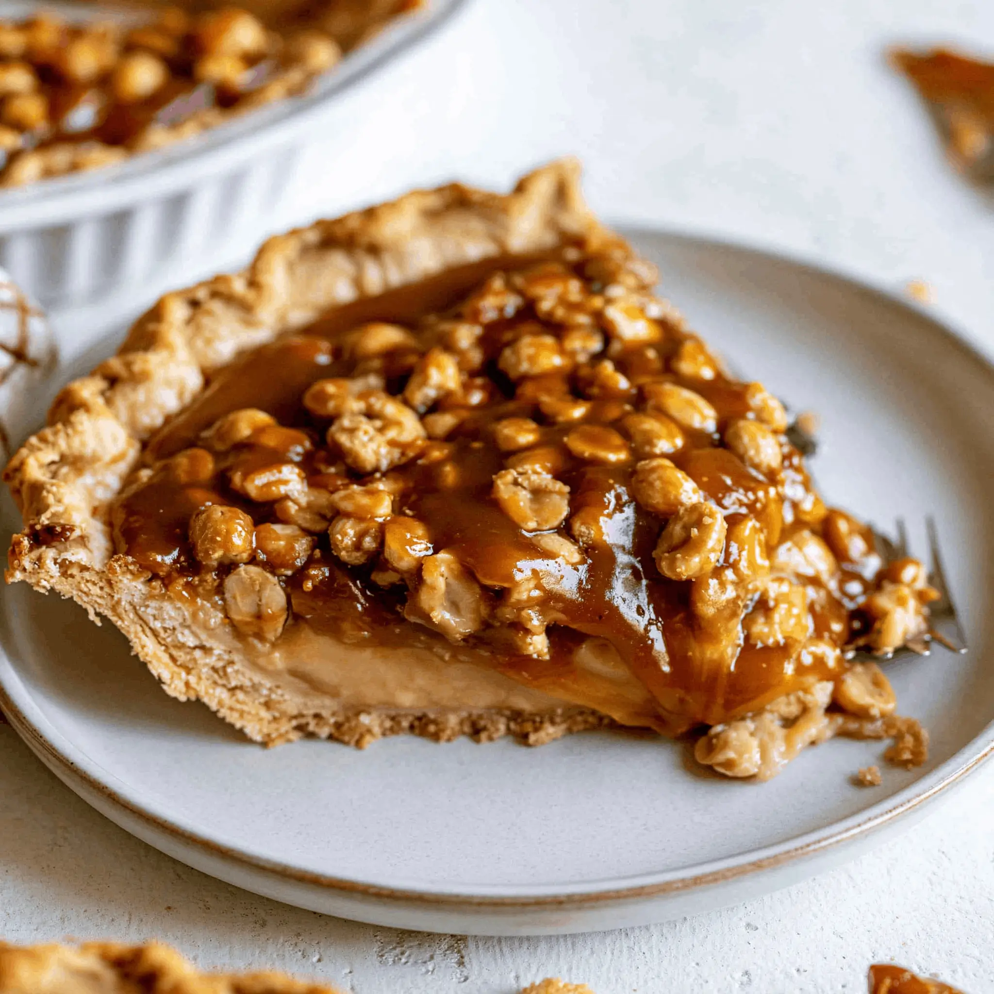 Slice of pecan pie with caramel filling and toasted pecans on top.