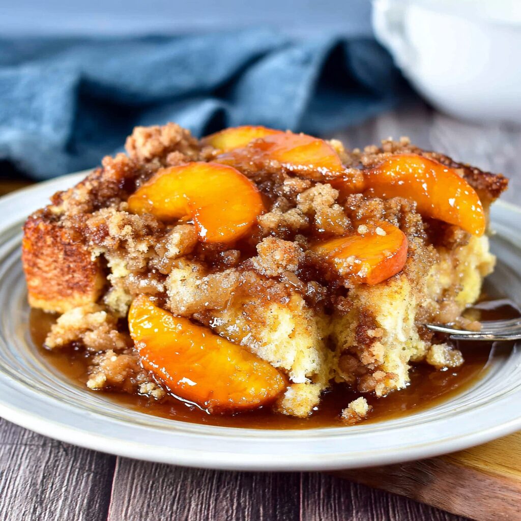 Golden, custard-soaked bread cradles juicy peaches, baked to bubbly perfection.