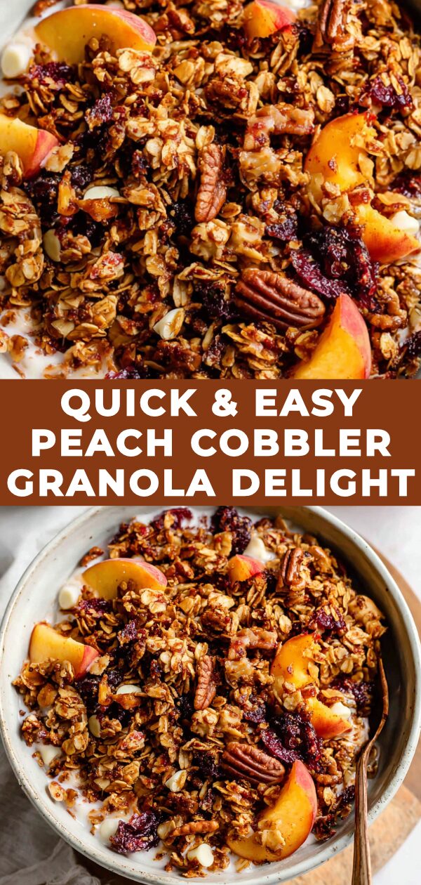 Golden granola clusters blend harmoniously with baked peach slices, creating a visually appealing and tempting breakfast treat.
