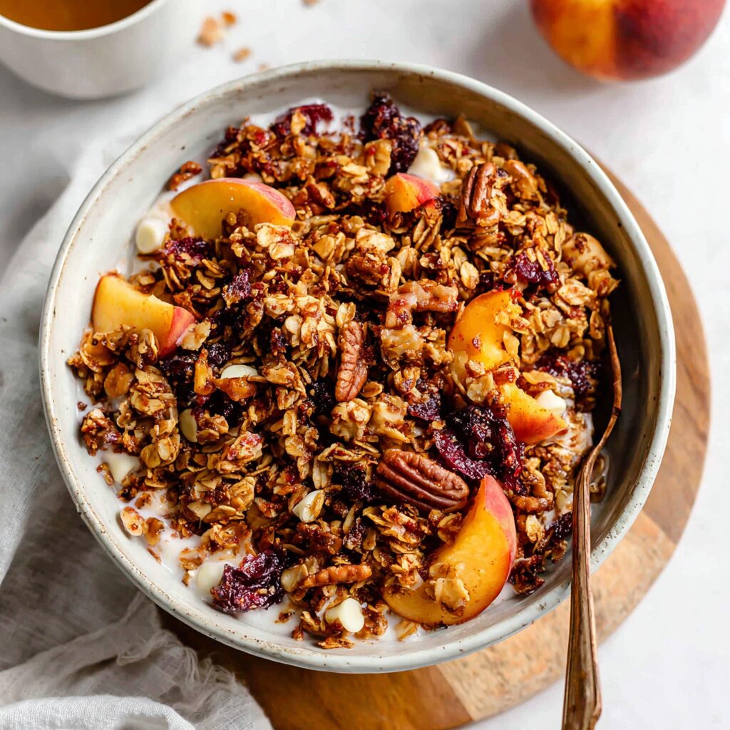 A rustic bowl overflows with golden-baked granola, studded with succulent peaches, resembling a deconstructed cobbler.