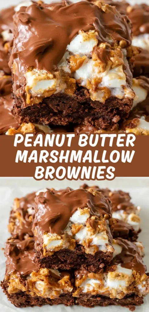 A collage of two close up shots of peanut butter marshmallow brownies showing thick fudgy layers topped with toasted marshmallow, peanut butter crumble, and smooth chocolate ganache.