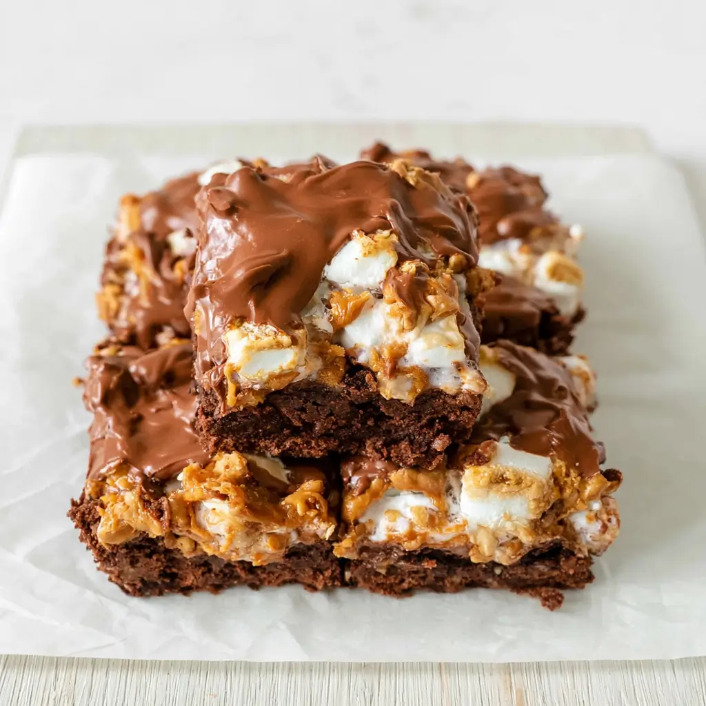 Three stacked fudgy chocolate brownies layered with toasted marshmallows and peanut butter crunch, all draped in a glossy chocolate ganache topping.