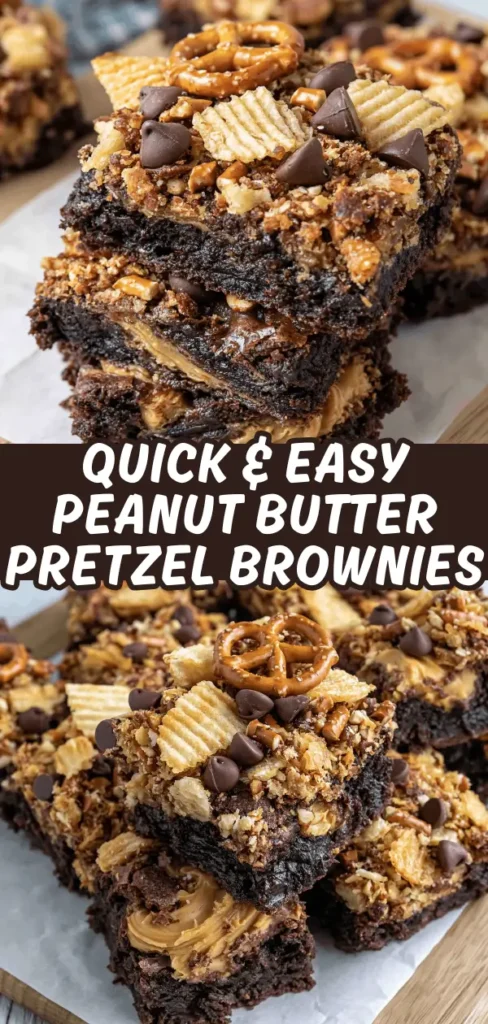 Fudgy chocolate brownies layered with creamy peanut butter swirls, topped with crushed pretzels, potato chips, and chocolate chips, stacked and styled beautifully.
