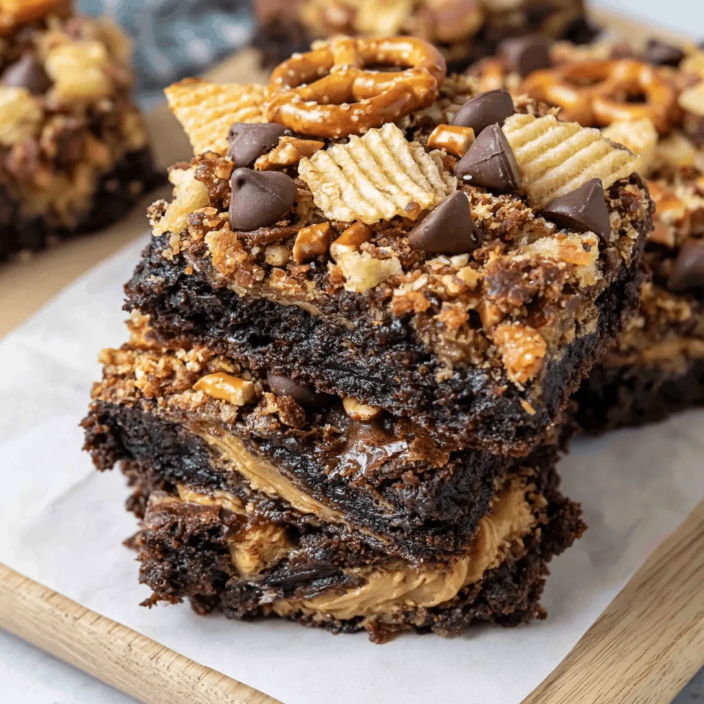 Rich, gooey chocolate brownies topped with pretzels, chocolate chips, and crushed cookies, layered on a wooden tray.