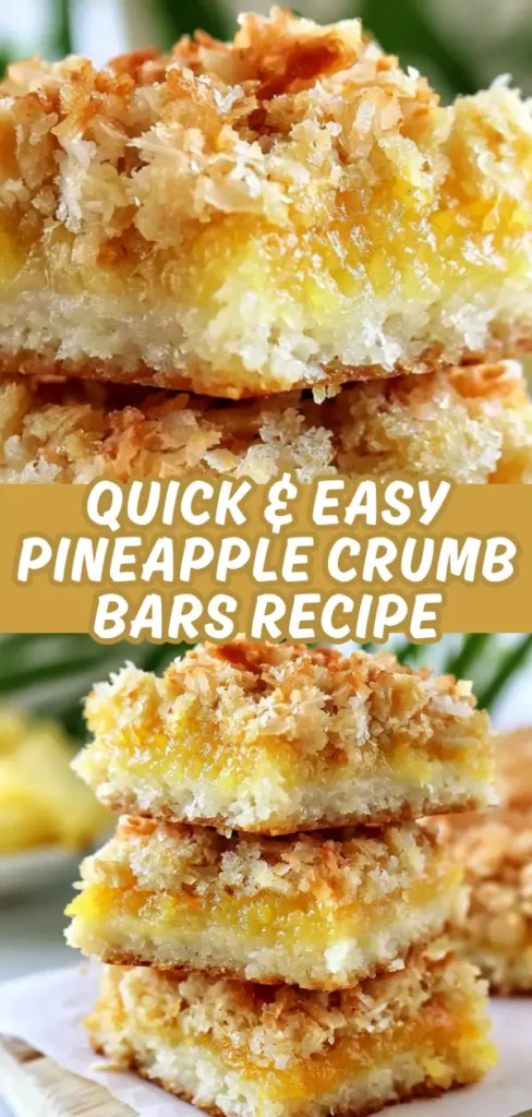 A collage of two close up shots of stacked pineapple crumb bars showing the golden toasted coconut crust, vibrant pineapple filling, and buttery layered texture from different angles.