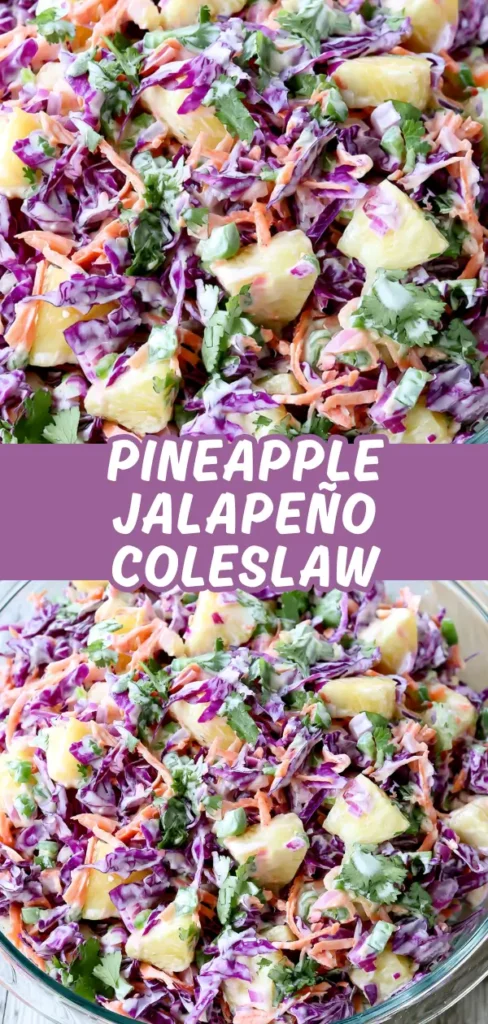 Colorful pineapple jalapeño coleslaw with shredded cabbage, carrots, and herbs.
