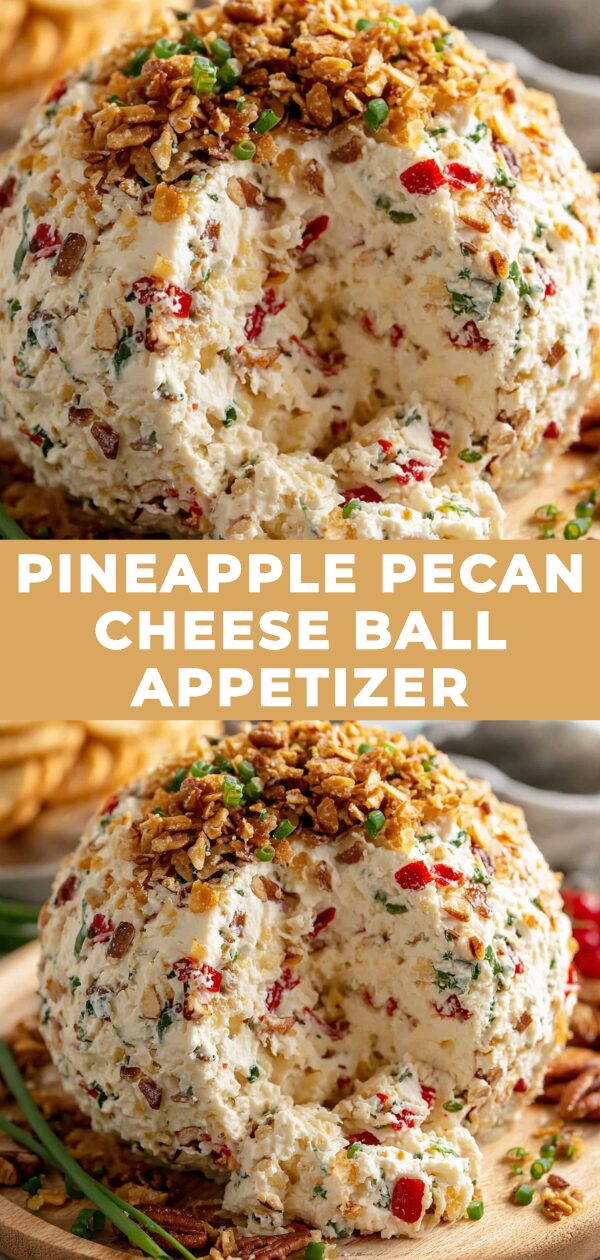 A festive cheese ball appetizer, studded with pecans and flecked with pineapple, awaits dipping crackers.