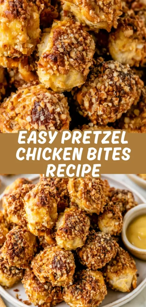 A collage of two shots of pretzel chicken bites showing a tight close up of the crunchy golden coating and a full plate view with a honey mustard dipping sauce on the side.