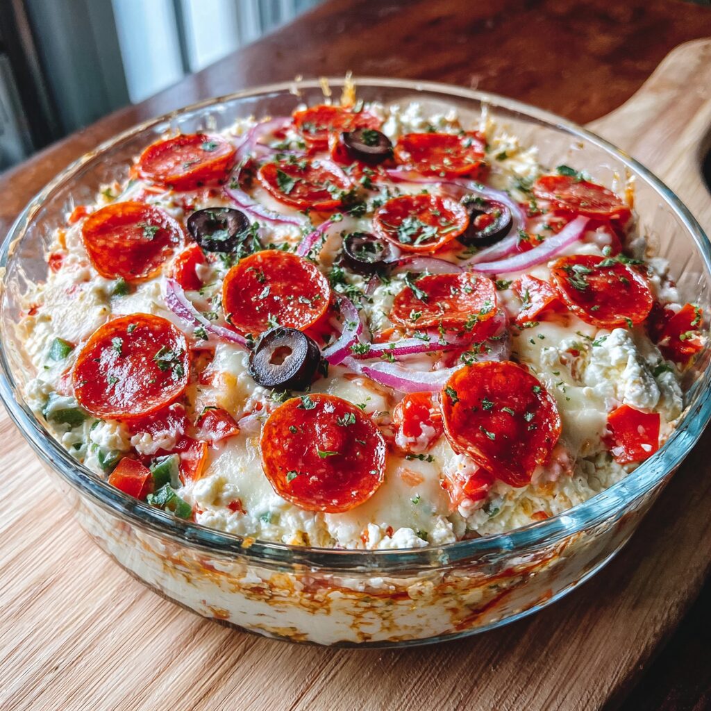 A vibrant pizza bowl brimming with cottage cheese, vegetables, and protein offers a healthy twist on a classic comfort food.