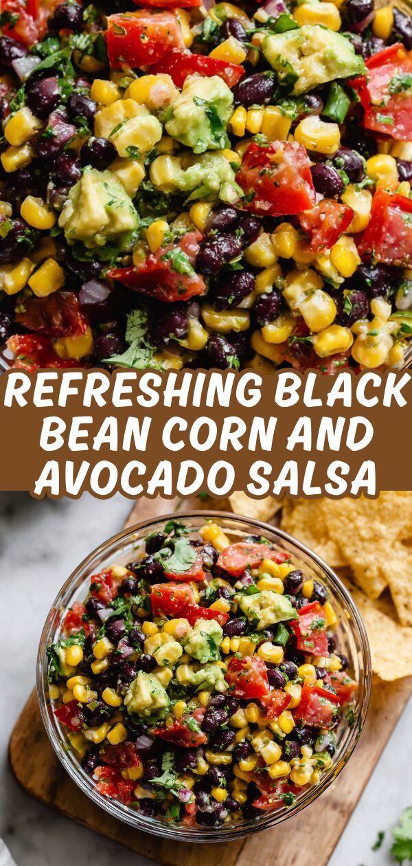 Vibrant salsa, starring black beans, corn, and avocado, glistens invitingly.
