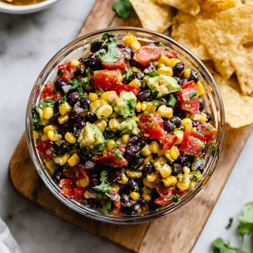 A vibrant salsa of black beans, corn, and avocado bursts with fresh flavors, promising a delightful culinary experience.