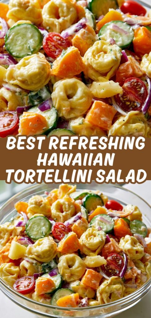 A vertical recipe graphic with a zoomed-in shot and a full bowl of tortellini salad mixed with vibrant veggies and a creamy dressing.