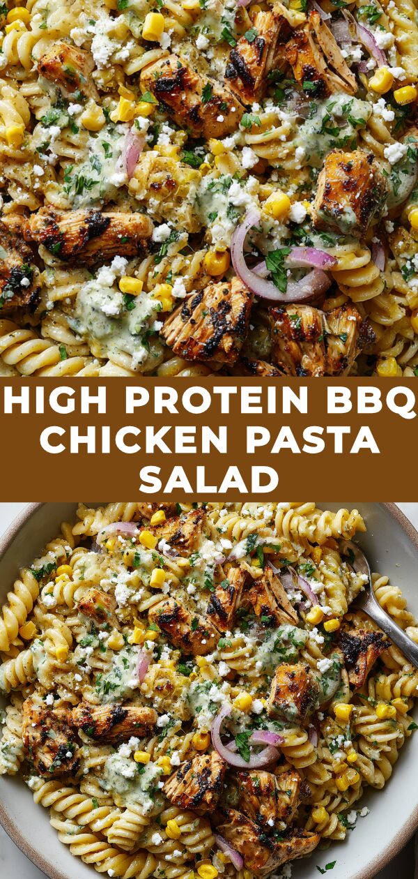 A vibrant bowl bursts with BBQ-glazed chicken, pasta, and fresh vegetables for a protein-packed and satisfying salad.