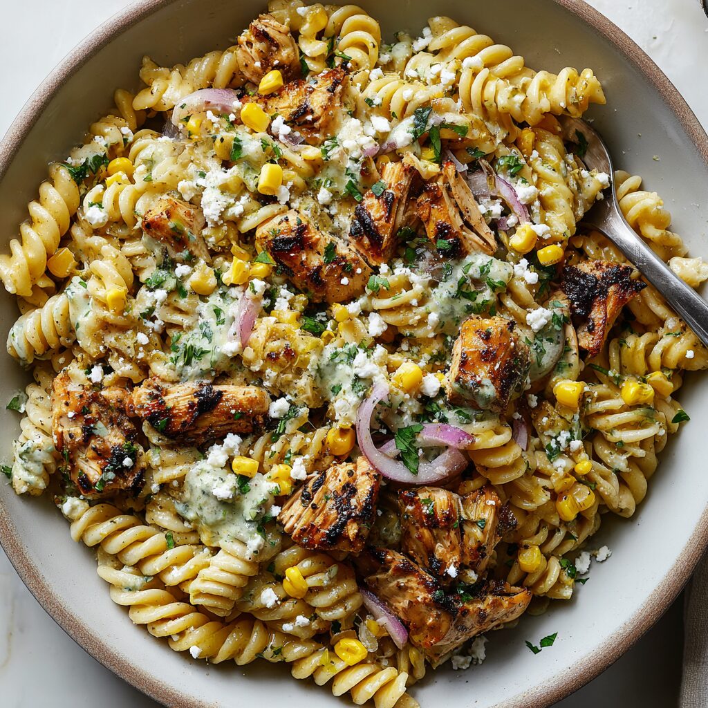 Tender grilled chicken and protein-packed pasta mingle with vibrant vegetables in a light and revitalizing barbecue-flavored salad.