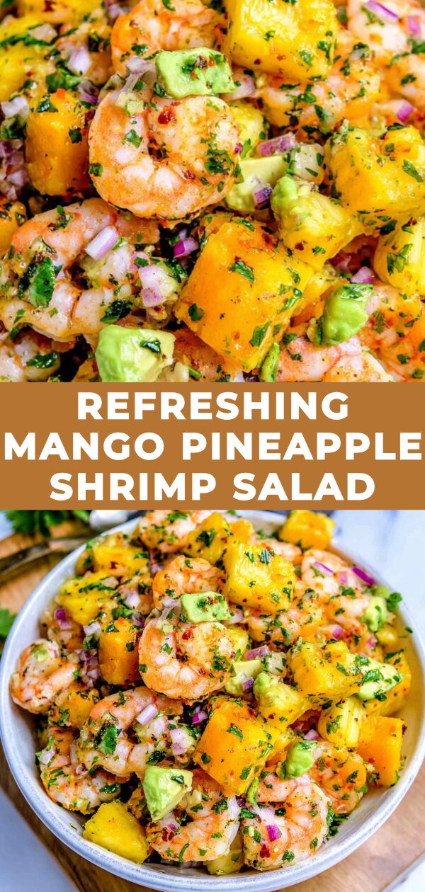 Vibrant chilled salad featuring shrimp, mango, and pineapple offers a tropical burst of flavor on a plate.