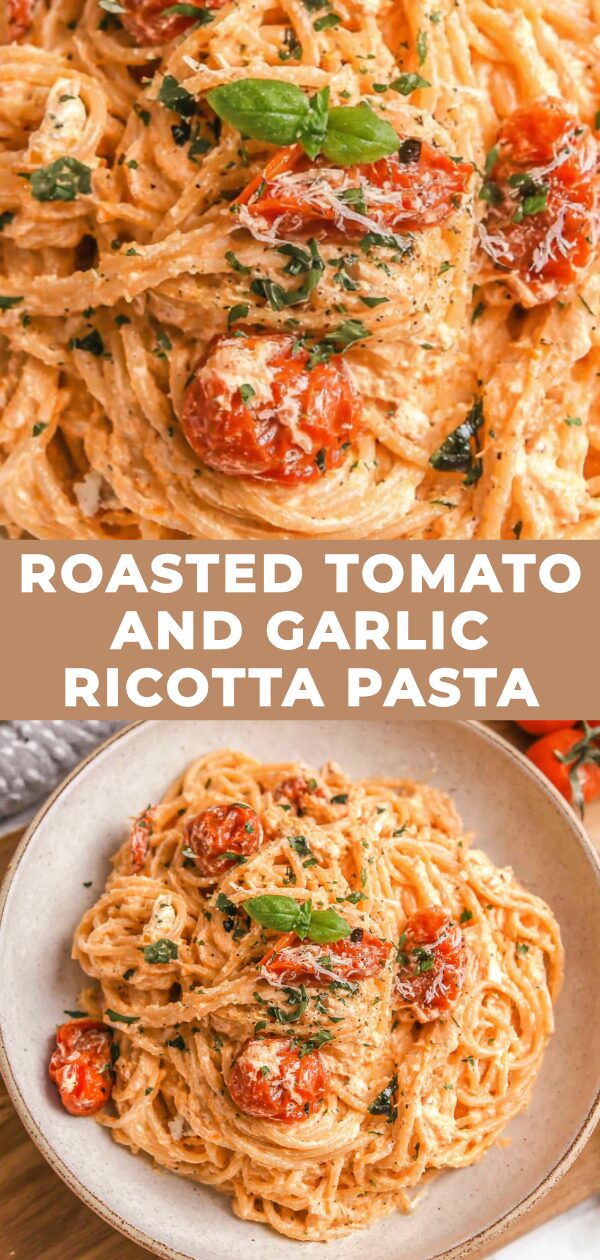 Vibrant roasted tomatoes and creamy ricotta blanket perfectly cooked pasta, a simple yet satisfying culinary delight.