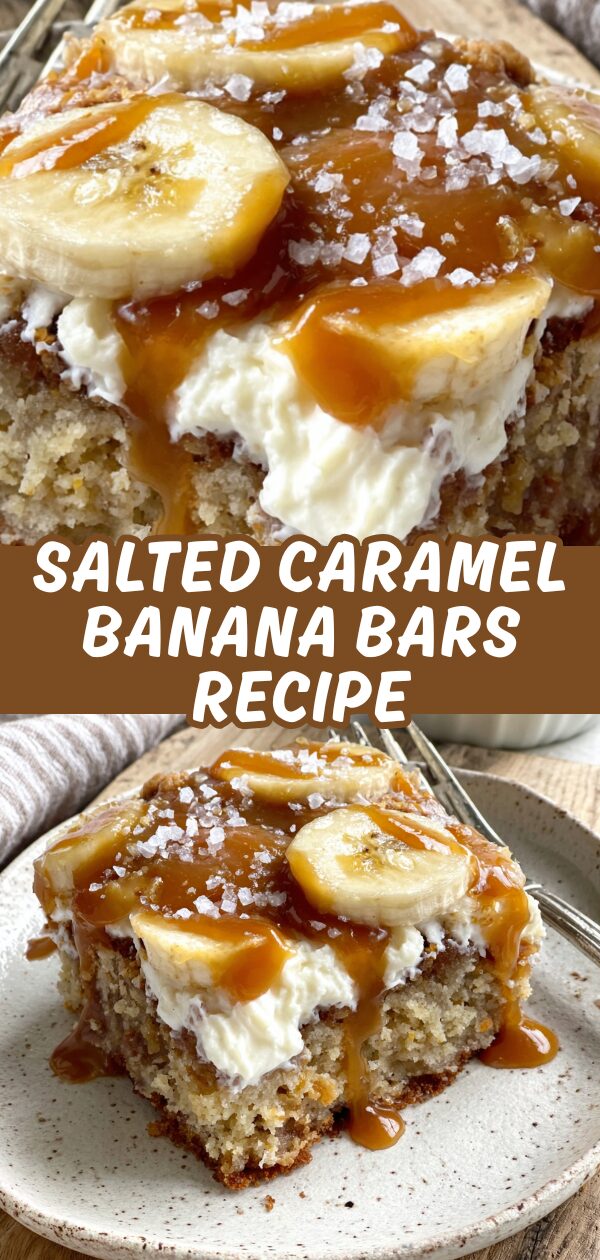 Golden-brown banana bars drizzled with caramel and sprinkled with sea salt promise a sweet and salty indulgence.