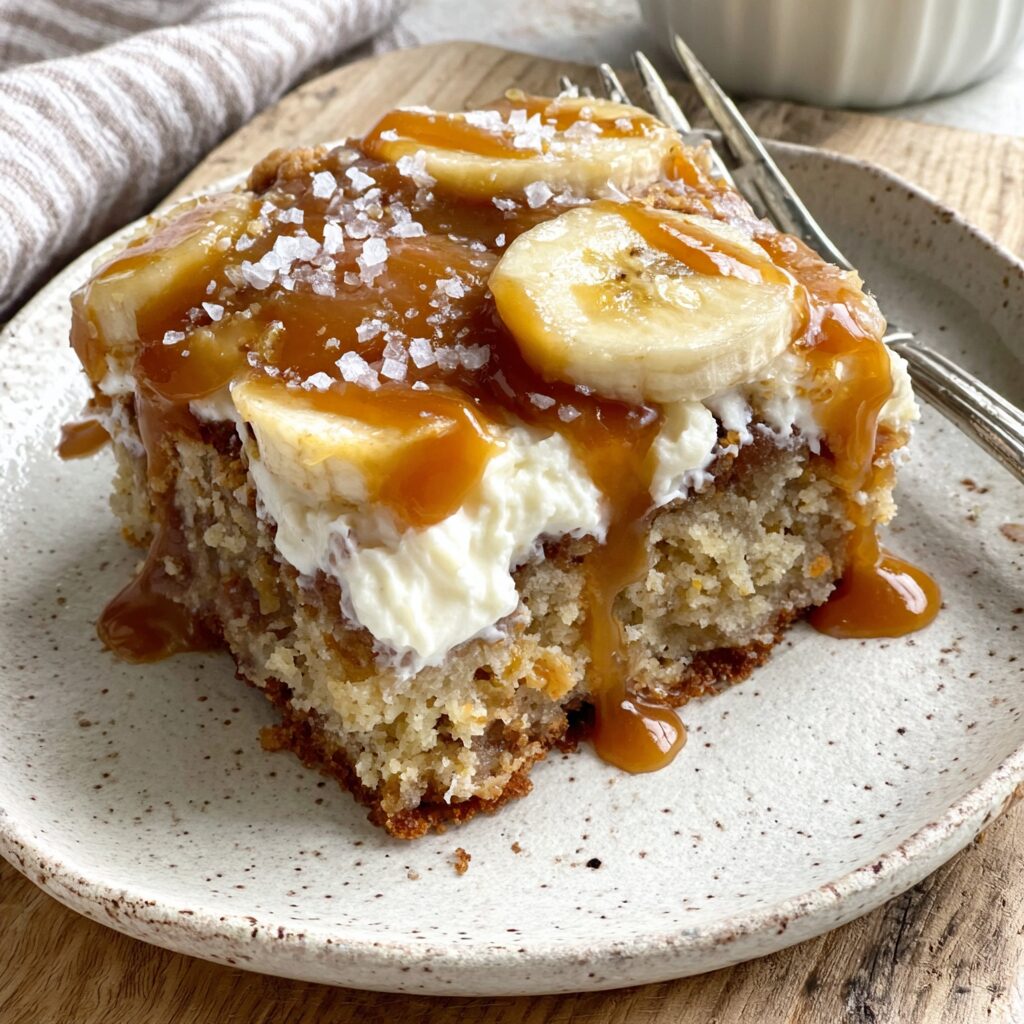 Golden-baked bars topped with a swirl of caramel and chopped bananas promise a delightful treat.
