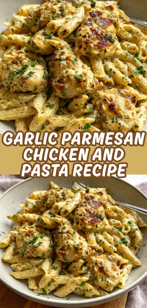 Golden-brown chicken and pasta mingle with grated parmesan and garlic, promising a delightfully seasoned meal.
