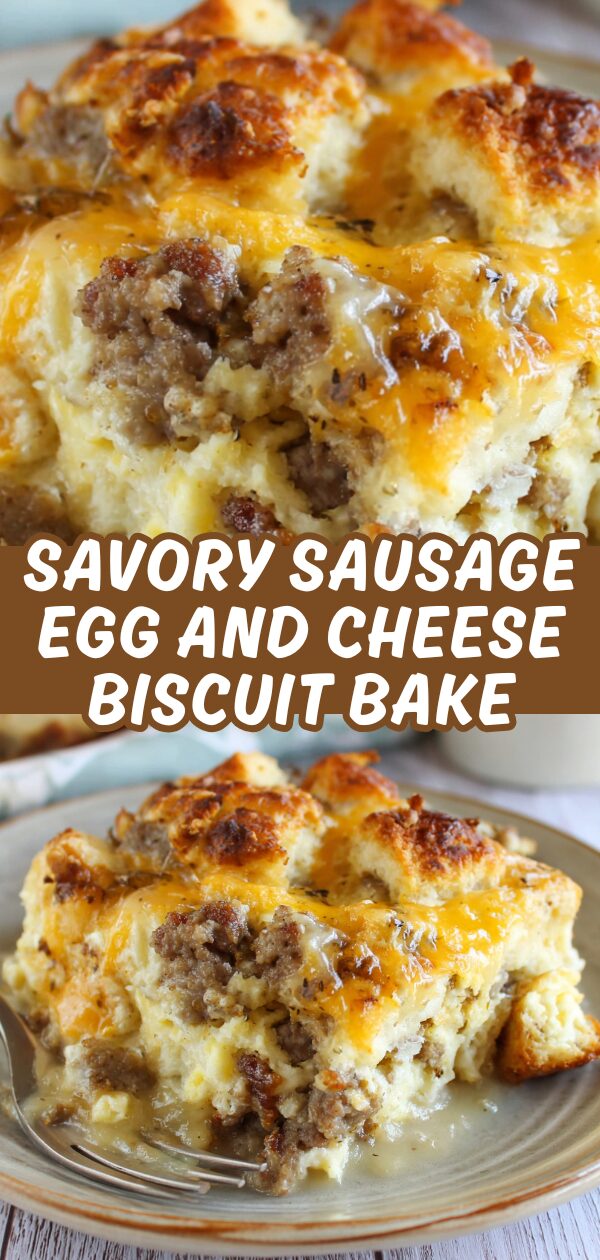 A golden-brown biscuit bake overflows with savory sausage, eggs, and melty cheese.