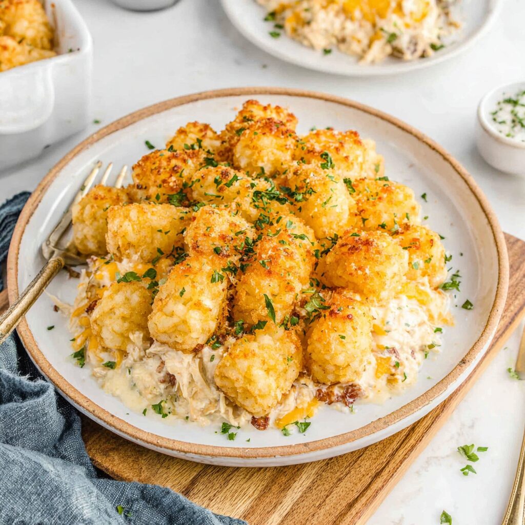 Golden-brown tater tots blanket a bubbly, cheesy chicken and vegetable casserole, promising a comforting and flavorful bite.