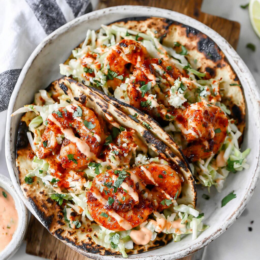 A vibrant photo showcases flavorful chipotle lime shrimp tacos ready to be devoured.