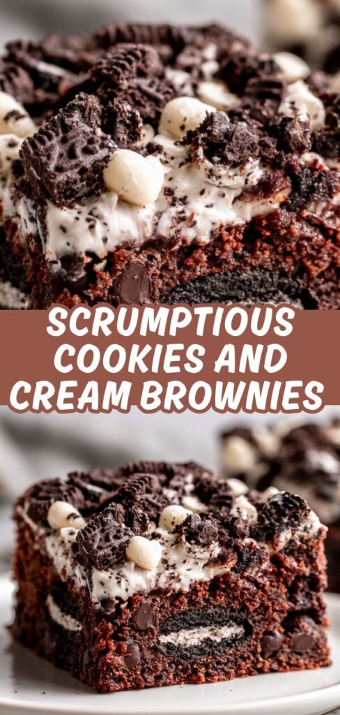 A two-panel graphic featuring a close-up of cookies and cream brownies with a whole sandwich cookie baked right into the center.