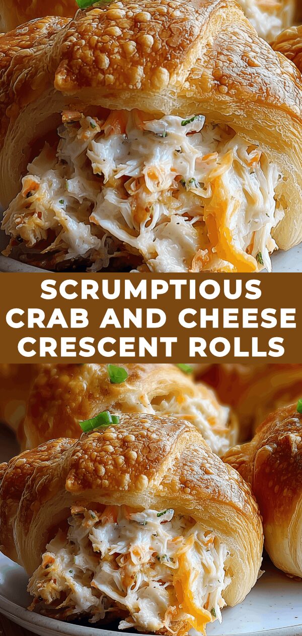 Golden-brown, flaky crescent rolls cradle a delectable crab and cheese filling, promising a delightful bite.