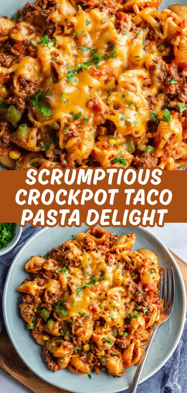 A bubbling crockpot overflows with cheesy, saucy taco pasta, ready to be devoured.