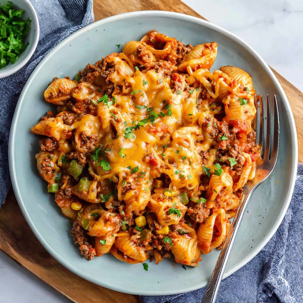 A bubbling crockpot overflows with cheesy, saucy taco pasta, ready to be devoured.