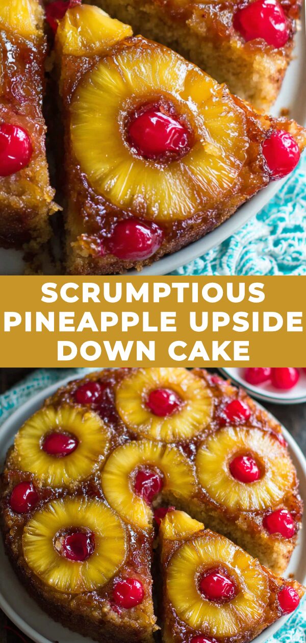 Golden caramelized pineapple slices and cherries gleam atop a fluffy, perfectly browned cake, promising a delightful treat.