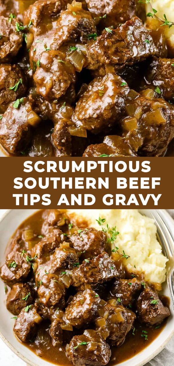 Tender beef tips swim in rich, glistening gravy, promising a taste of Southern comfort.