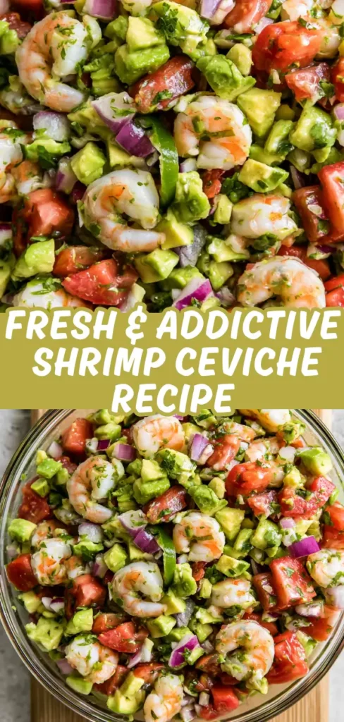 A collage of two overhead shots of shrimp ceviche showing a close crop of colorful shrimp, avocado, tomato and red onion, and a full glass bowl view of the finished dish.