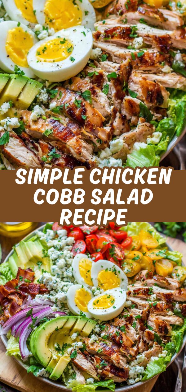 A vibrant chicken Cobb salad, featuring perfectly arranged ingredients like crispy bacon, avocado, and blue cheese, tempts with a delicious and fresh lunch.