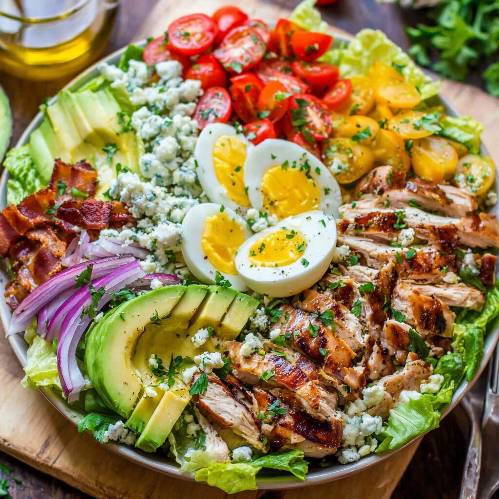 Vibrant, colorful salad with grilled chicken, bacon, eggs, and avocado beautifully arranged in a bowl.