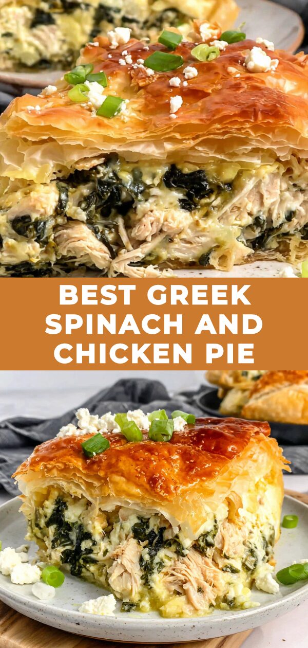 A golden-brown Greek spinach and chicken pie, baked to perfection, sits ready to be served.
