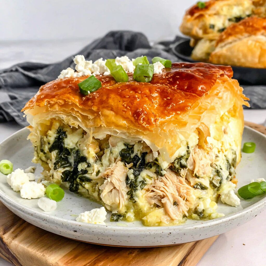 A golden, flaky pie crust encases a savory filling of spinach, chicken, and other delicious ingredients.