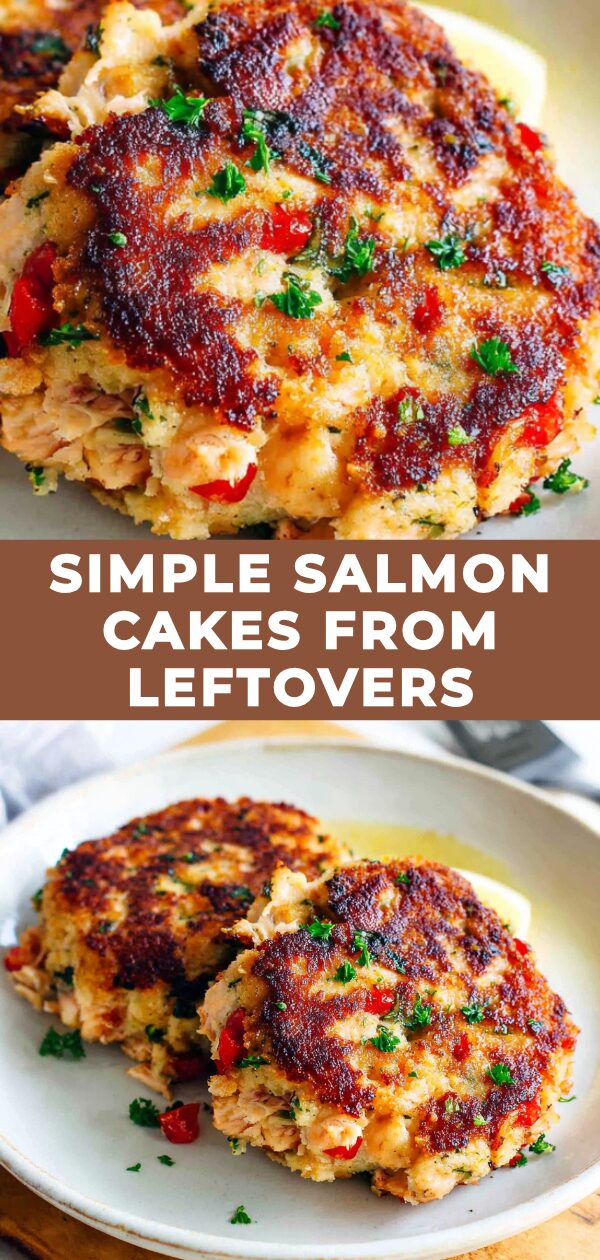 Flaky salmon cakes, skillfully crafted from repurposed fish, are artfully arranged for a delightful meal.
