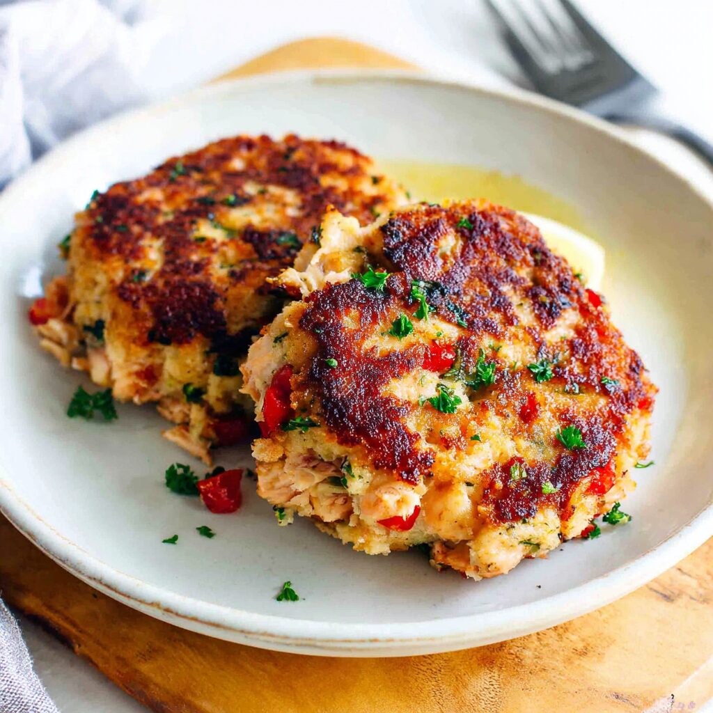 Flaky salmon cakes, formed from remnants and pan-fried to golden perfection, are artfully arranged on a plate.