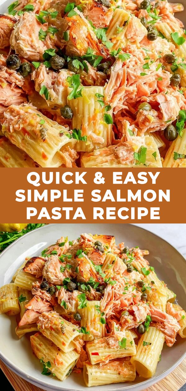 Creamy salmon pasta swirls invitingly in a white bowl, promising a delightful and easy meal.