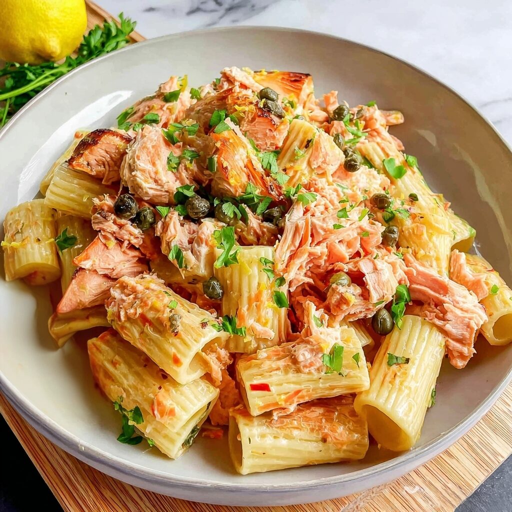 Creamy salmon pasta swirls tempt with fresh herbs and a sprinkle of parmesan, promising a quick and delightful meal.