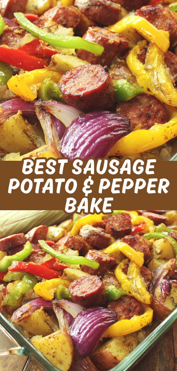 A rustic baking dish overflows with a hearty medley of oven-roasted sausage, potatoes, and colorful bell peppers.