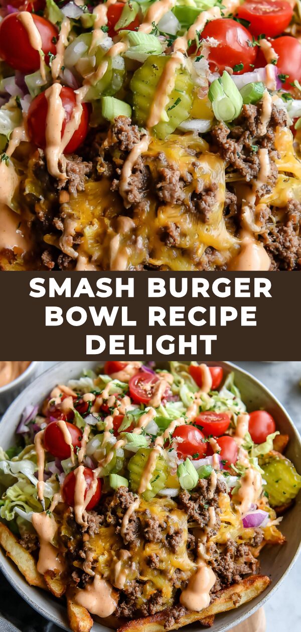 A vibrant bowl overflows with a deconstructed smash burger, showcasing juicy patties, melted cheese, and fresh toppings.