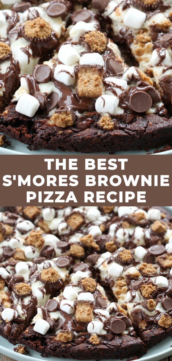 A decadent brownie pizza piled high with toasted marshmallows and chocolate creates the ultimate s'mores experience.