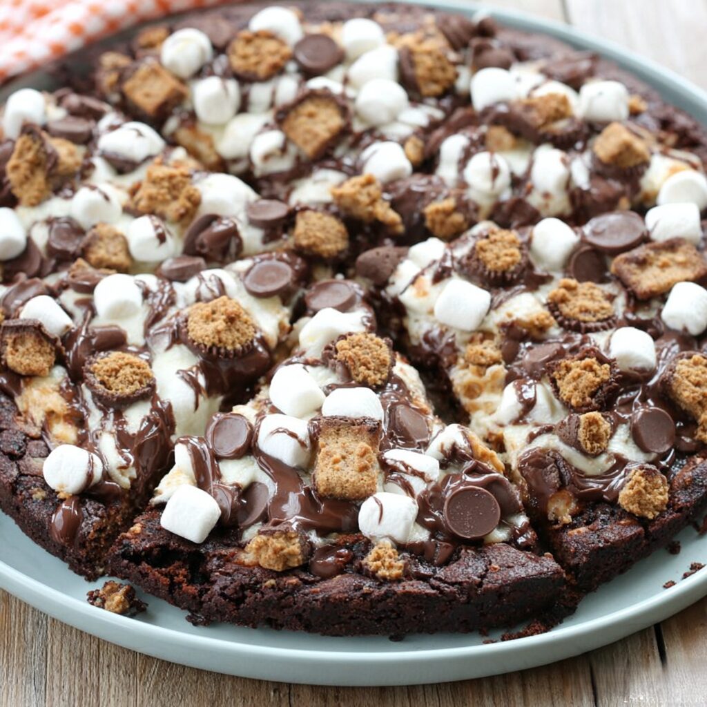 A decadent dessert pizza featuring a brownie base, topped with toasted marshmallows, chocolate, and graham cracker crumbles.